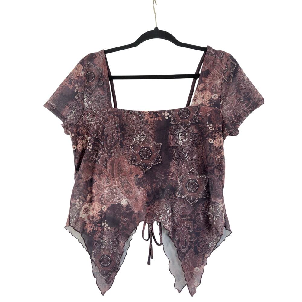 Y2K fairycore Paisley Floral Mesh Handkerchief Top Boho XL Ruched Front - Picture 2 of 7